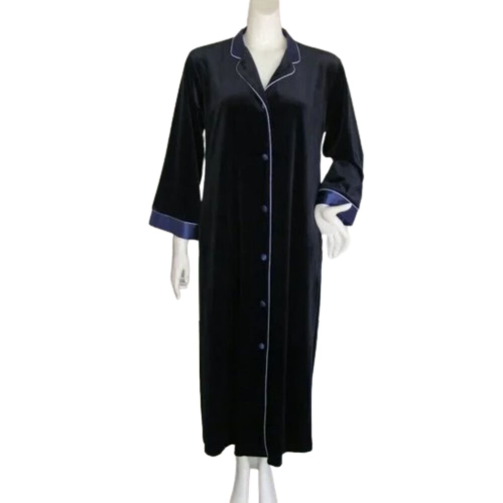 HALSTON Robe, M, Dark Blue, Velour/Satin, Vintage, Long sleeve, button front,